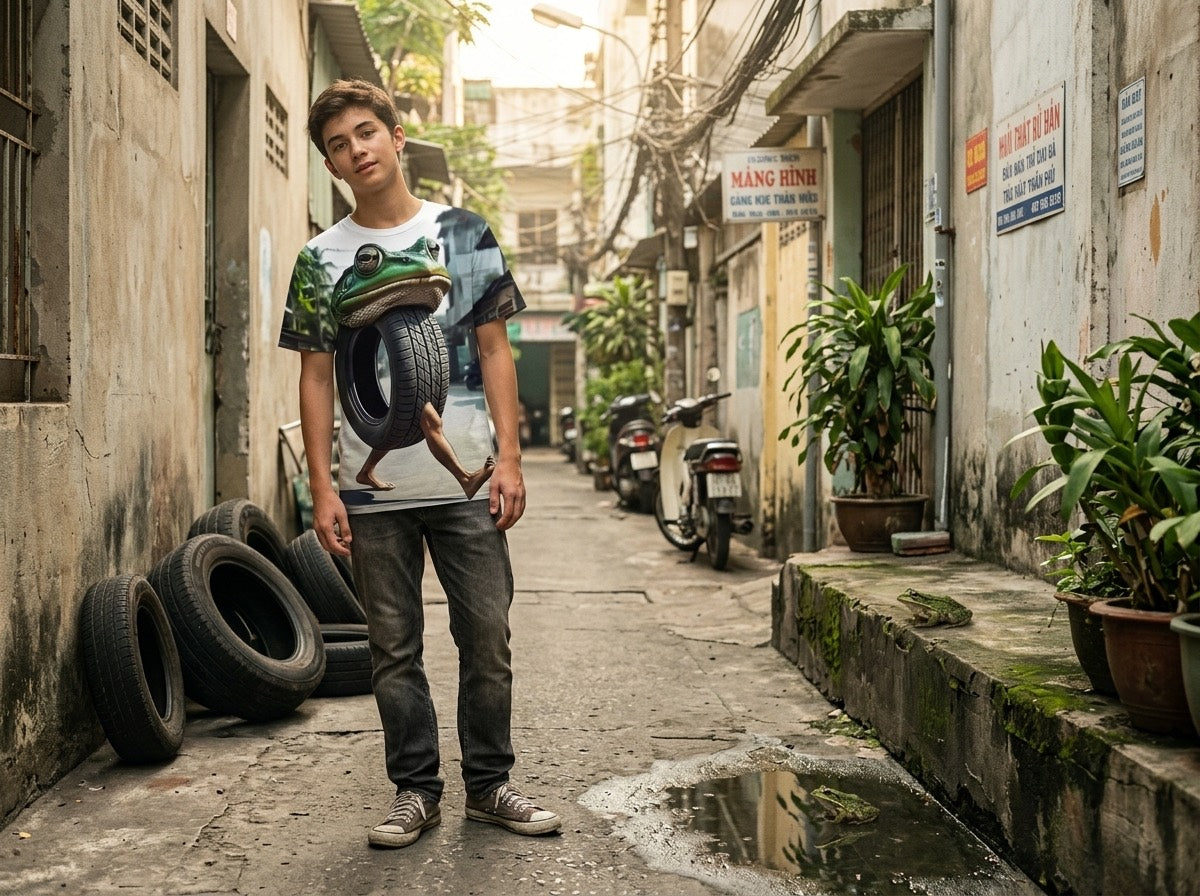 Model wearing the Tyre frog tee in a narrow alley lined with stacked car tyres.