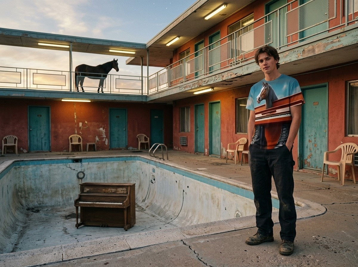 Model wearing the Piano horse tee beside an empty motel pool, with a horse standing on the balcony above.